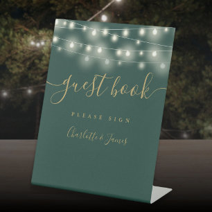 String Lights Green And Gold Script Guest Book Pedestal Sign
