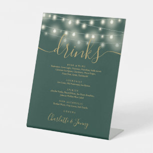 String Lights Green And Gold Wedding Drinks Menu Pedestal Sign