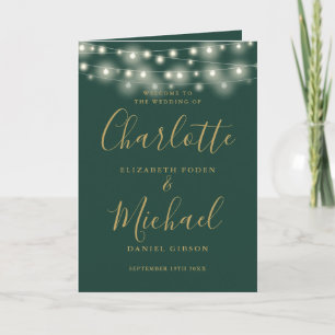 String Lights Green Gold Elegant Script Wedding Program