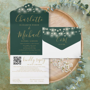 String Lights Green Gold Script QR Code Wedding All In One Invitation