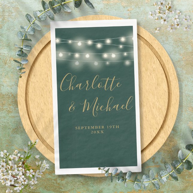 String Lights Green Gold Signature Script Wedding Napkin (String Lights Green Gold Signature Script Wedding Paper Guest Towels)