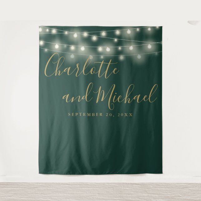 String Lights Green Gold Wedding Photo Backdrop Tapestry (Front)