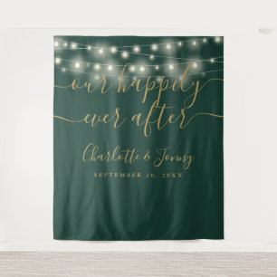 String Lights Green Gold Wedding Photo Backdrop Tapestry