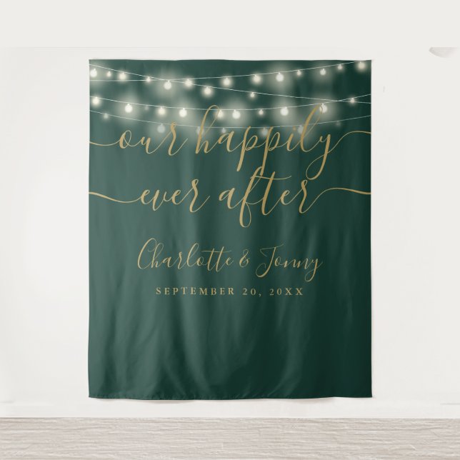 String Lights Green Gold Wedding Photo Backdrop Tapestry (Front)