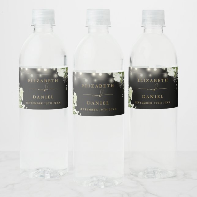 String Lights Greenery Floral Black Gold Wedding Water Bottle Label (Bottles)