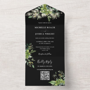String Lights Greenery Floral QR Code Wedding All In One Invitation