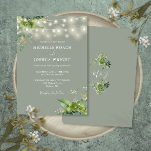 String Lights Greenery Monogram Sage Green Wedding Invitation