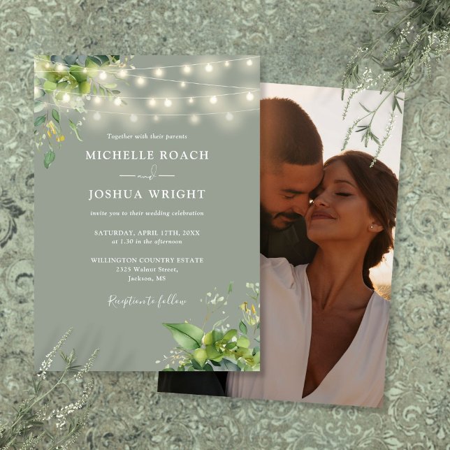String Lights Greenery Photo Sage Green Wedding Invitation (String Lights Greenery Photo Sage Green Wedding Invitation)