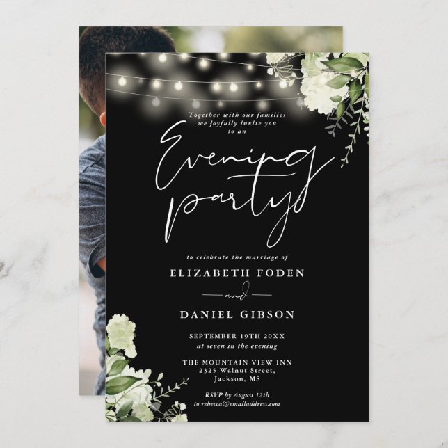 String Lights Greenery Photo Wedding Evening Party Invitation (Front/Back)