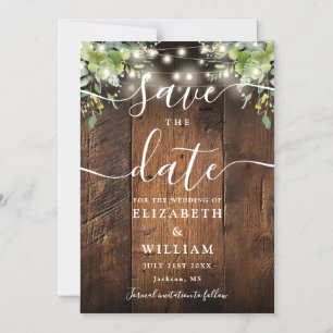 String Lights Greenery Wood Wedding Save The Date Magnetic Invitation