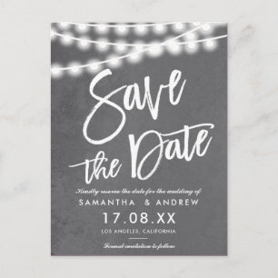 String lights grey cement industrial save the date announcement postcard