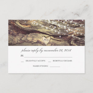 String Lights Heart Rustic Wood Wedding RSVP Card