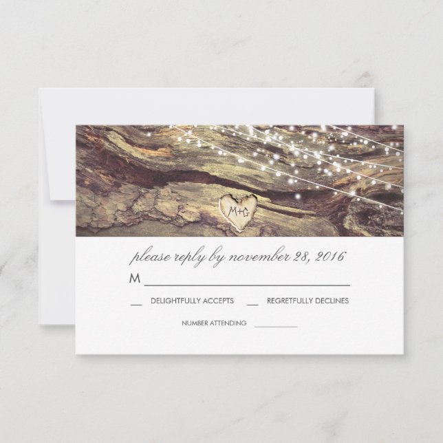 String Lights Heart Rustic Wood Wedding RSVP Card (Front)