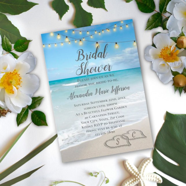 String Lights Hearts in Sand Beach Bridal Shower Invitation (Creator Uploaded)