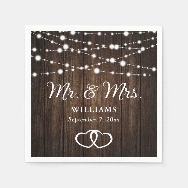 String Lights Hearts Rustic Wood Wedding Napkin (Front)