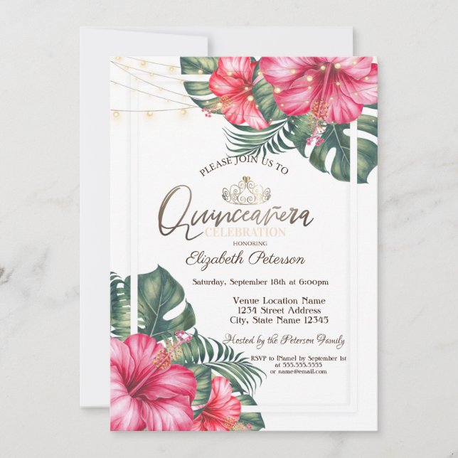 String Lights Hibuscus Summer Quinceañera Invitation (Front)