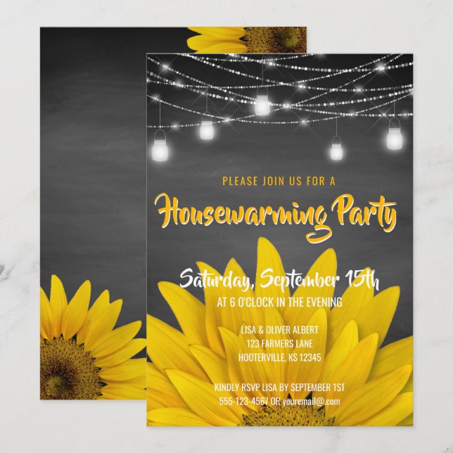 String Lights Housewarming Party Rustic Sunflowers Invitation (Front/Back)