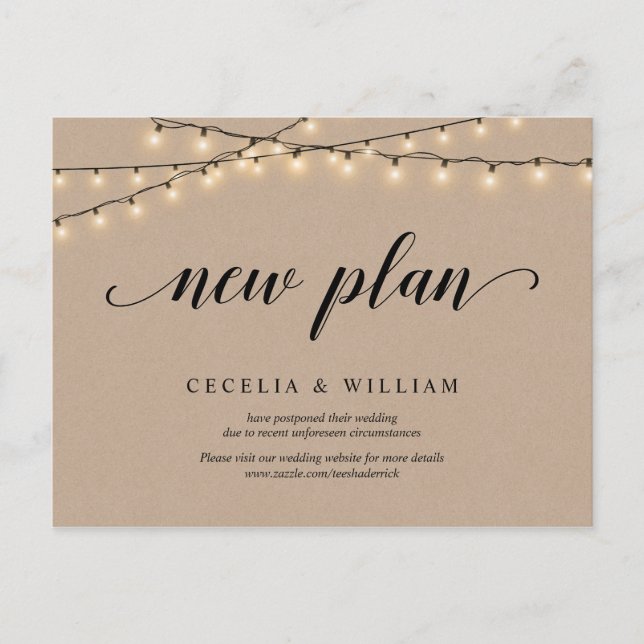 String Lights, Kraft, New Plan, Wedding Postponed Postcard (Front)