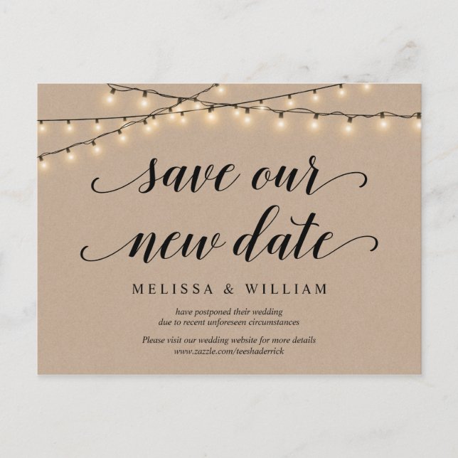 String Lights, Kraft, Save our new date, Postponed Postcard (Front)