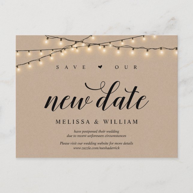 String Lights, Kraft, Save our new date, Postponed Postcard (Front)