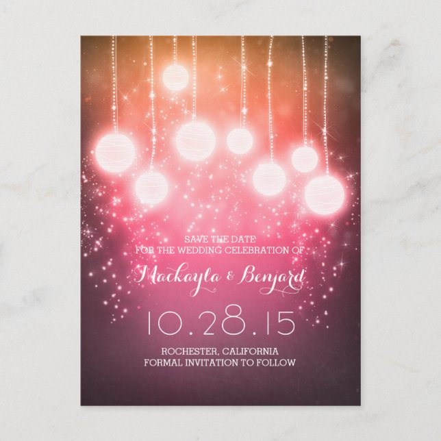string lights lanterns purple save the date announcement postcard (Front)