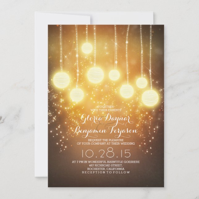 string lights & lanterns shimmer wedding invites (Front)