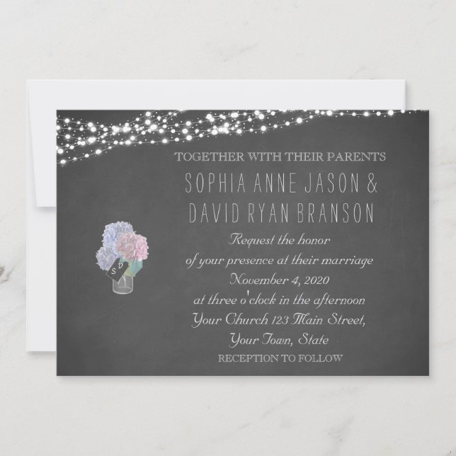 String Lights Mason Jar Chalkboard Wedding Invite (Front)