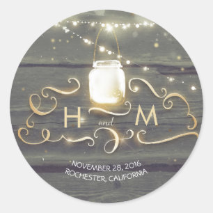 String Lights Mason Jar Rustic Wood Initials Classic Round Sticker