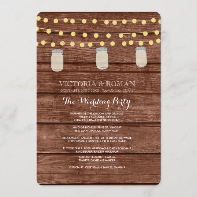 String Lights Mason Jar Wood Wedding Programs (Front)