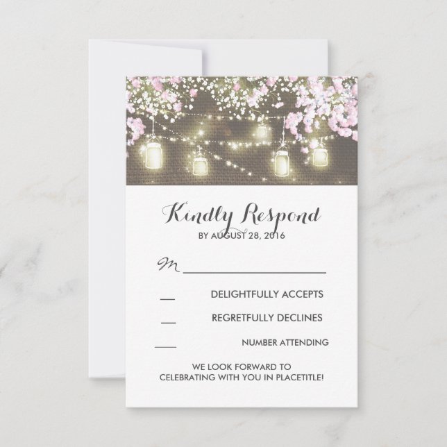 string lights mason jars burlap wedding RSVP cards (Front)