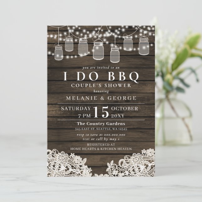 String Lights mason jars I DO BBQ Couples Shower Invitation (Standing Front)