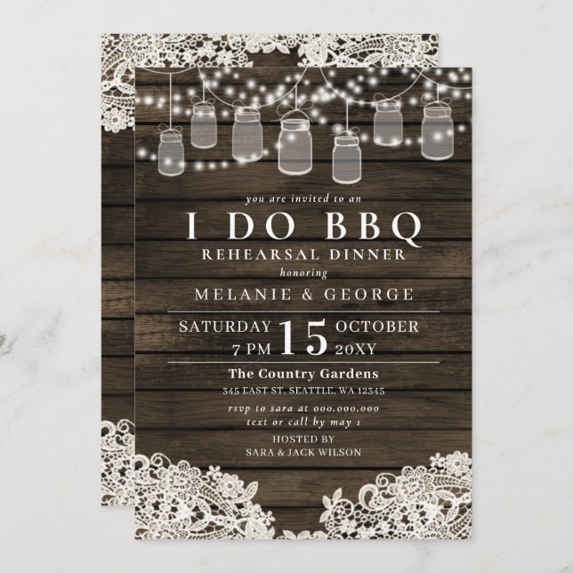 String Lights Mason Jars I DO BBQ Rehearsal Dinner Invitation (Front/Back)