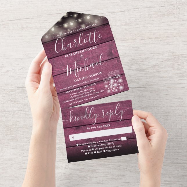 String Lights Mason Jars Rustic Red Wood Wedding All In One Invitation (Tearaway)