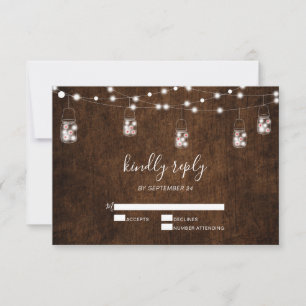 String Lights Mason Jars Rustic Wood Wedding RSVP Card