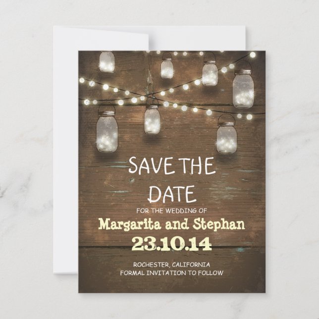 string lights & mason jars save the date cards (Front)