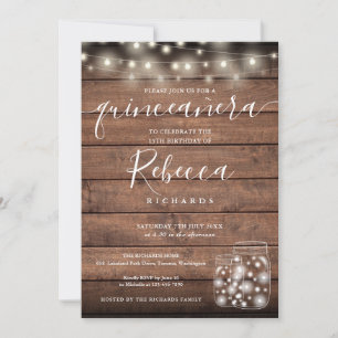 String Lights Mason Jars Script Quinceañera 15th Invitation
