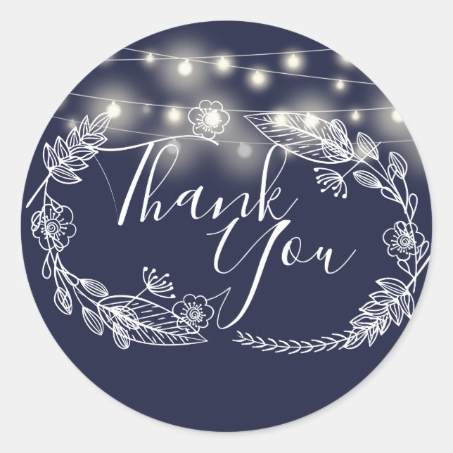 String Lights Navy Blue Floral Thank You Classic Round Sticker (Front)