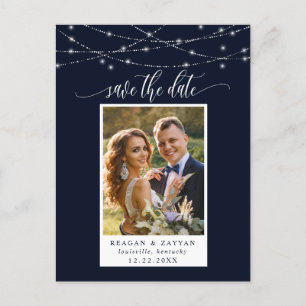 String Lights Navy Blue Photo Save The Date Announcement Postcard