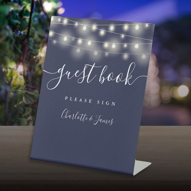 String Lights Navy Blue Script Guest Book Pedestal Sign (String Lights Navy Blue Script Guest Book Pedestal Sign)