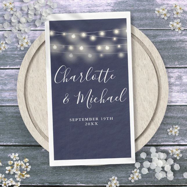 String Lights Navy Blue Signature Script Wedding Napkin (String Lights Navy Blue Signature Script Wedding Paper Guest Towels)