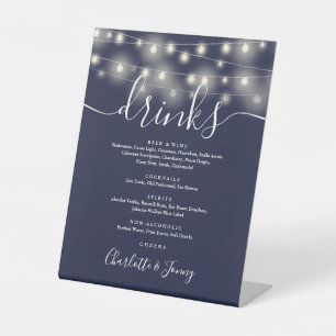 String Lights Navy Blue Wedding Drinks Menu Pedestal Sign