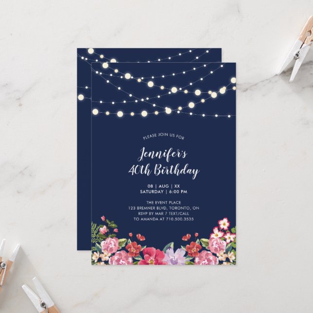 String Lights & Navy Floral Adult Birthday Party Invitation (Front/Back In Situ)