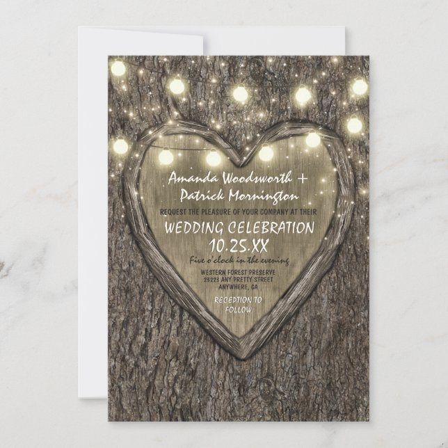 String Lights + Oak Tree Bark Wedding Invitations (Front)