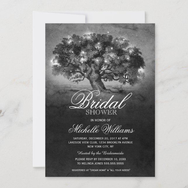 String lights old oak tree rustic bridal shower invitation (Front)