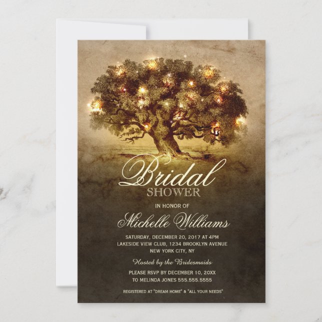 String lights old oak tree rustic bridal shower invitation (Front)