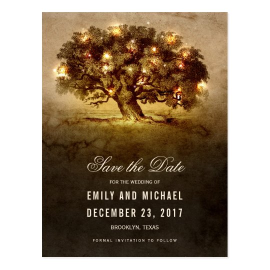 String lights old oak tree rustic save the date postcard