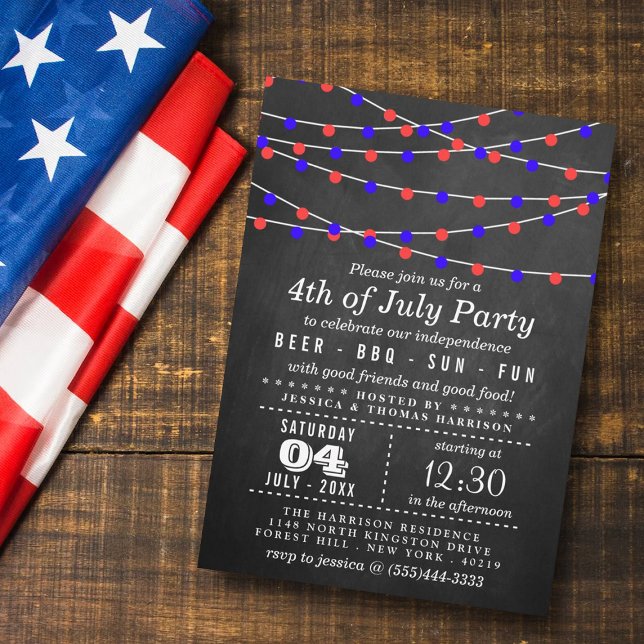 String Lights On Chalkboard 4th Of July Party Invitation (Creator Uploaded)