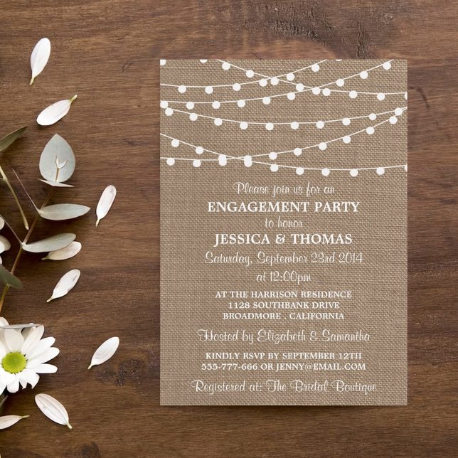 String Lights On Rustic Burlap Engagement Party Invitation (Creator Uploaded)
