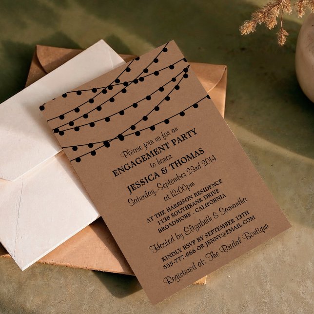 String Lights On Rustic Kraft Engagement Party Invitation (Creator Uploaded)