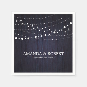 String Lights On Rustic Wood Wedding Blue Napkin
